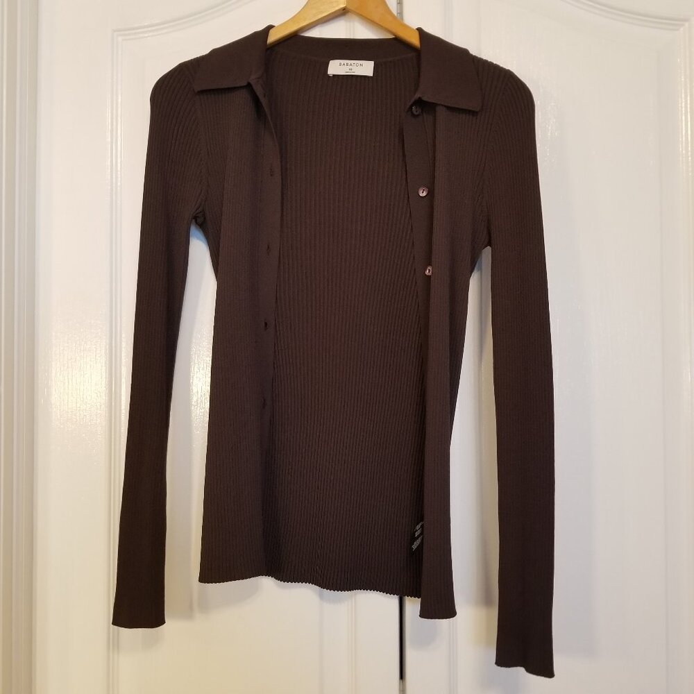 Babaton Chocolate Brown Ribbed Button-Down Top - Picture 4 of 13